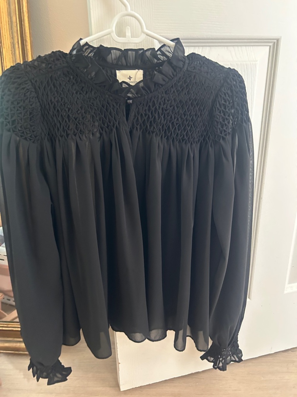 Woven Smocked Black Long-Sleeve Women's Blouse - COMPLETELY SHEER